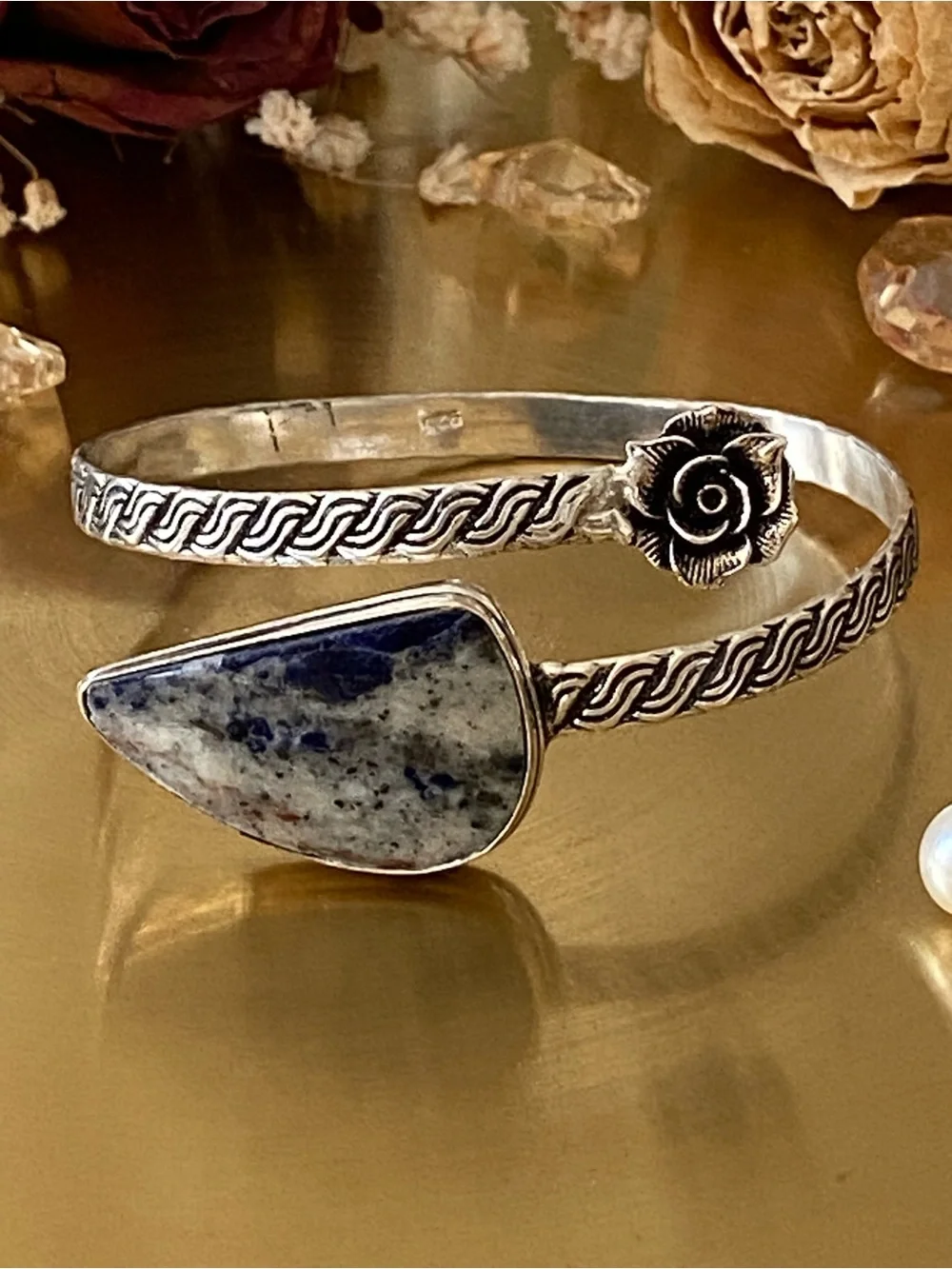 Sodalite Hand Crafted Flower Bypass Bangle